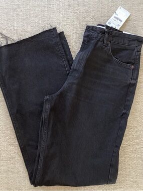 Zara Black Denim High-Rise Wide Leg Full Length Jeans Raw Hem Size 10